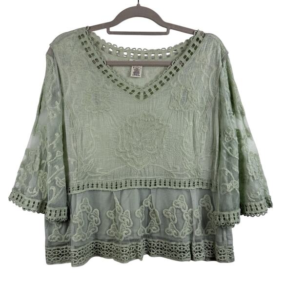Bohemian Crochet Mesh Ultra Pink Top Large Mint Green Bell Sleeve Embroidered - Picture 1 of 13